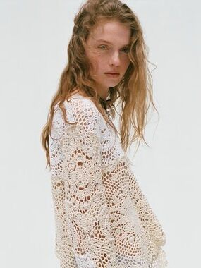 NWT Zara Limited Edition S Crochet Open-Knit Cream Sweater